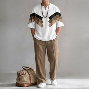 Men's White Geometric Color Block Linen Blend Short Sleeve Casual Shirt