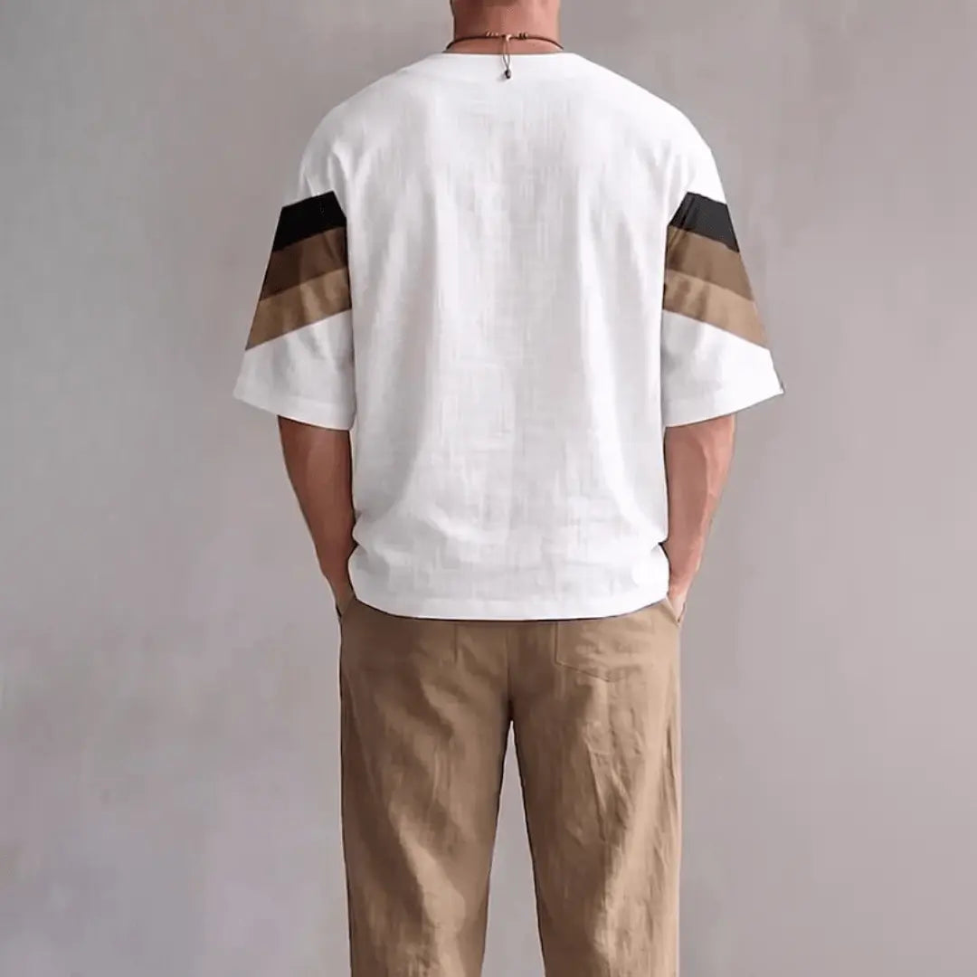 Men's White Geometric Color Block Linen Blend Short Sleeve Casual Shirt