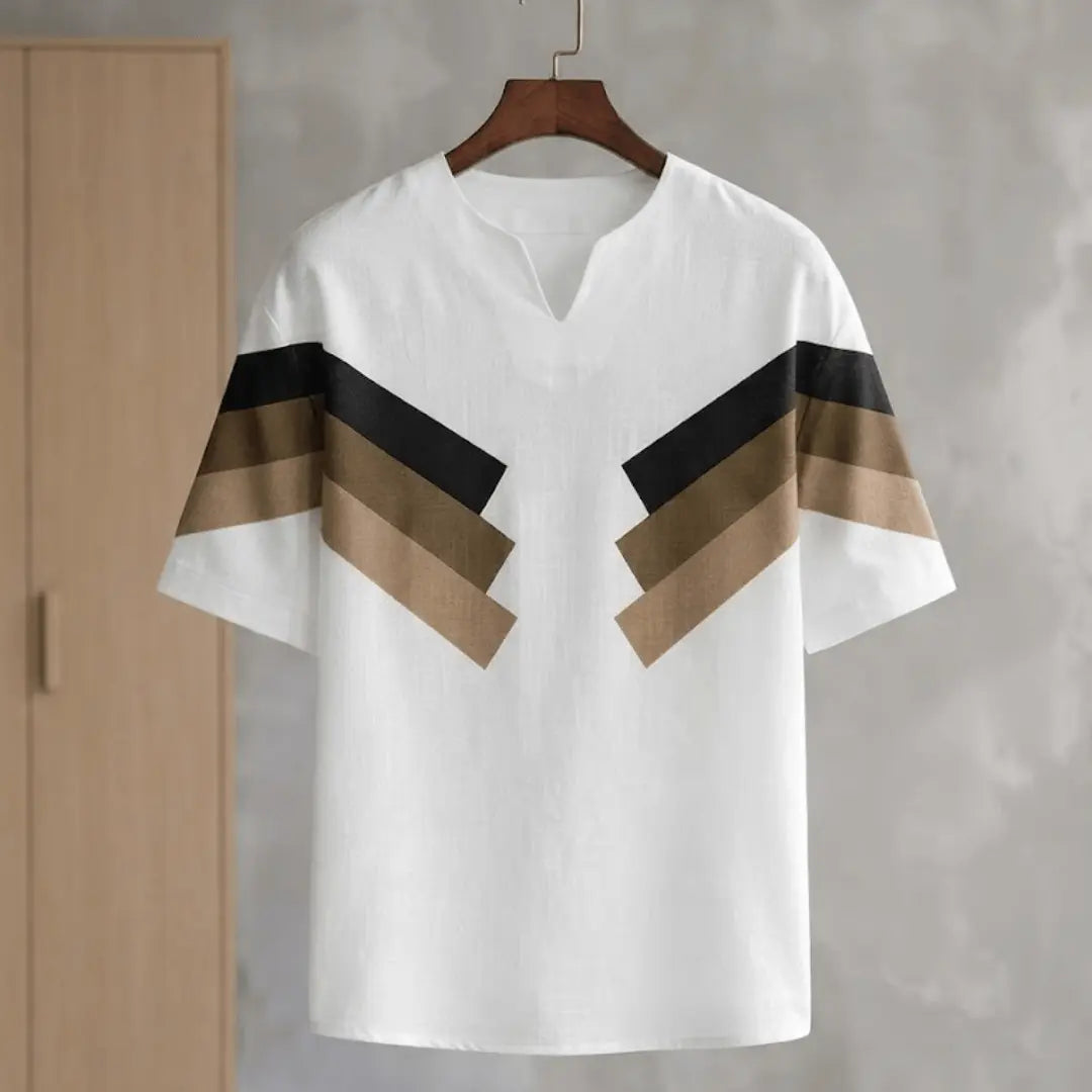 Men's White Geometric Color Block Linen Blend Short Sleeve Casual Shirt