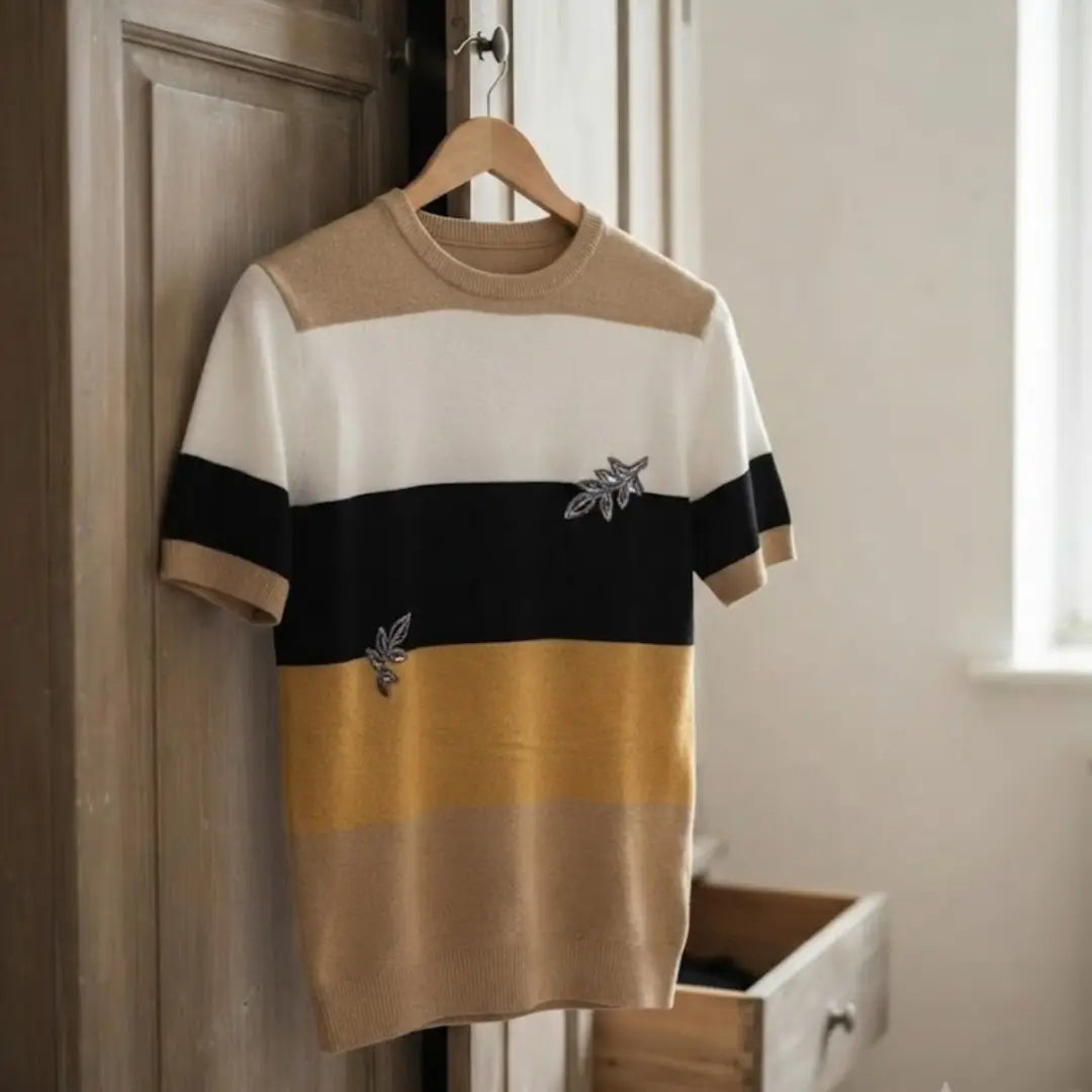 Men's Multicolor Self Design Cotton T-Shirt