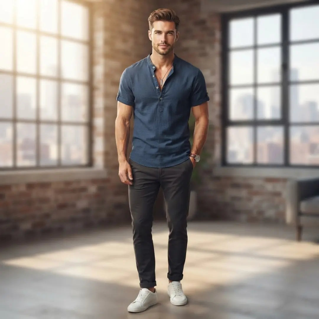 Men's Cotton Linen Grandad Collar Shirt