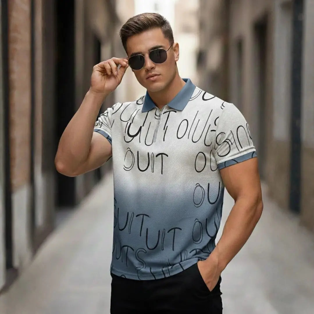 Men's Printed Polo Neck Polyester T-Shirt