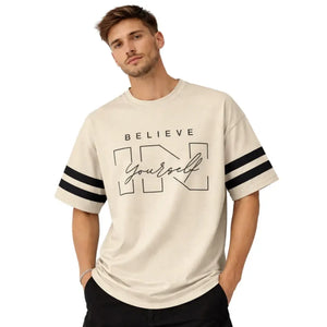 Graphic Printed Drop Shoulder T-Shirt – Beige