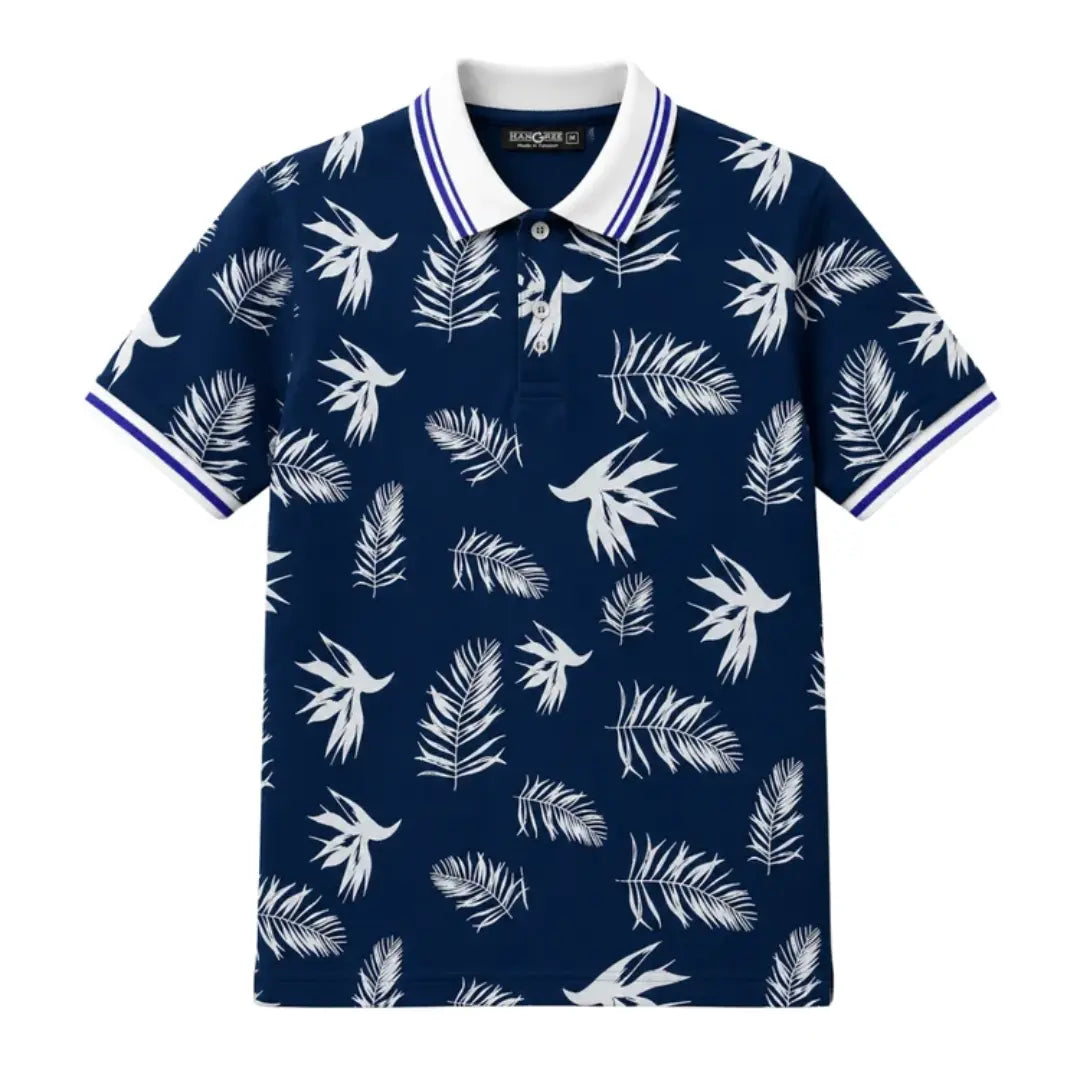 Men's Tropical Leaf Print Piqué Cotton Polo Shirt – Navy Blue