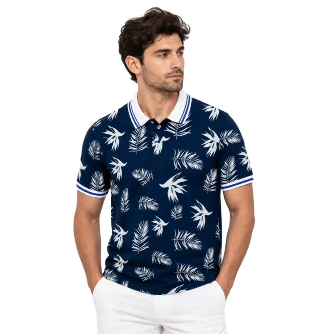 Men's Tropical Leaf Print Piqué Cotton Polo Shirt – Navy Blue