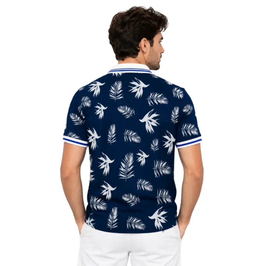 Men's Tropical Leaf Print Piqué Cotton Polo Shirt – Navy Blue