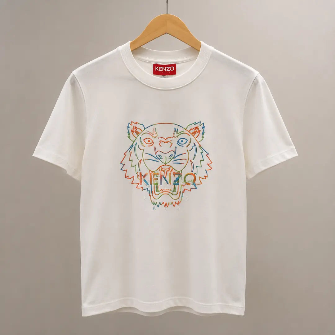 Men's White Multicolor Tiger Graphic Crew Neck Cotton T-Shirt