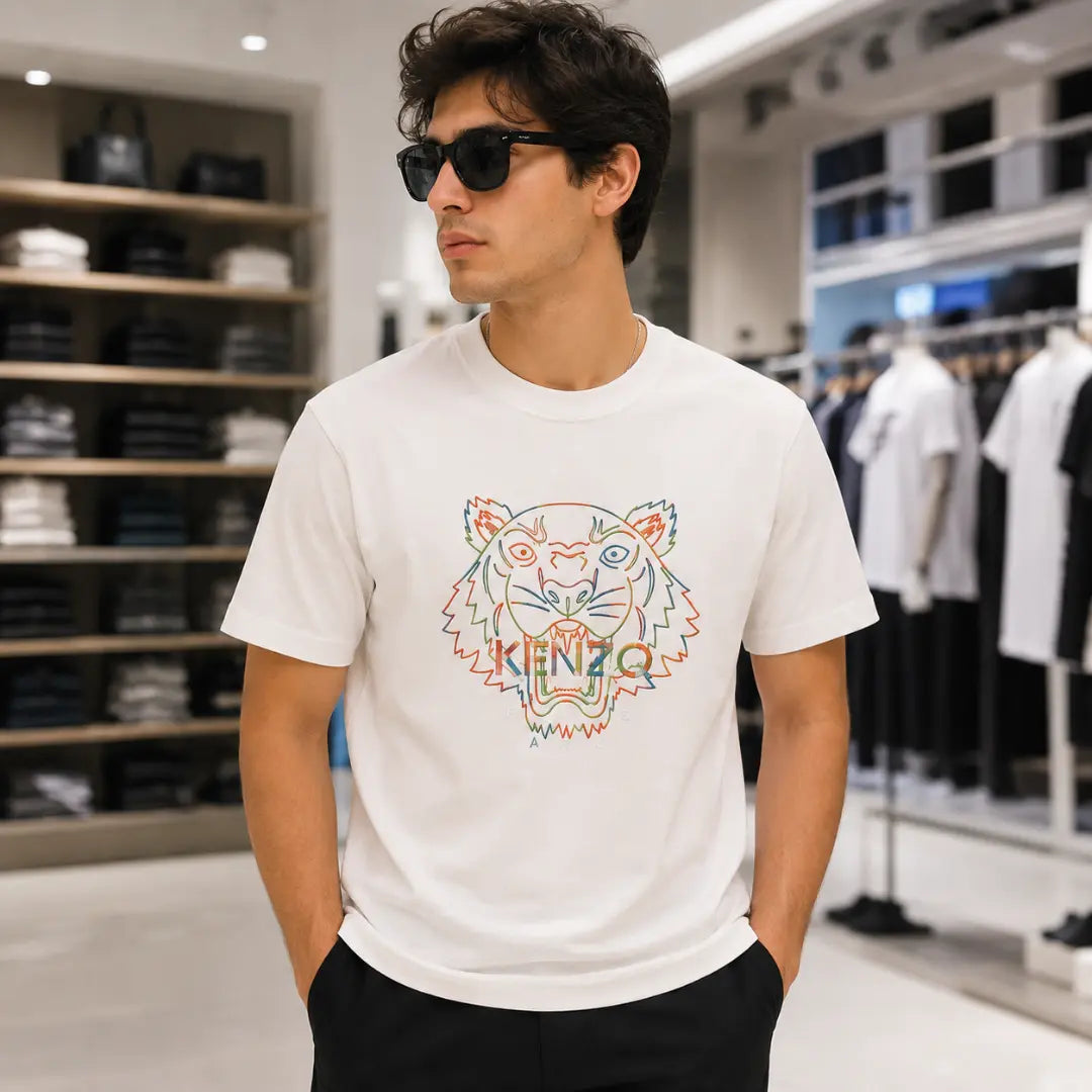 Men's White Multicolor Tiger Graphic Crew Neck Cotton T-Shirt