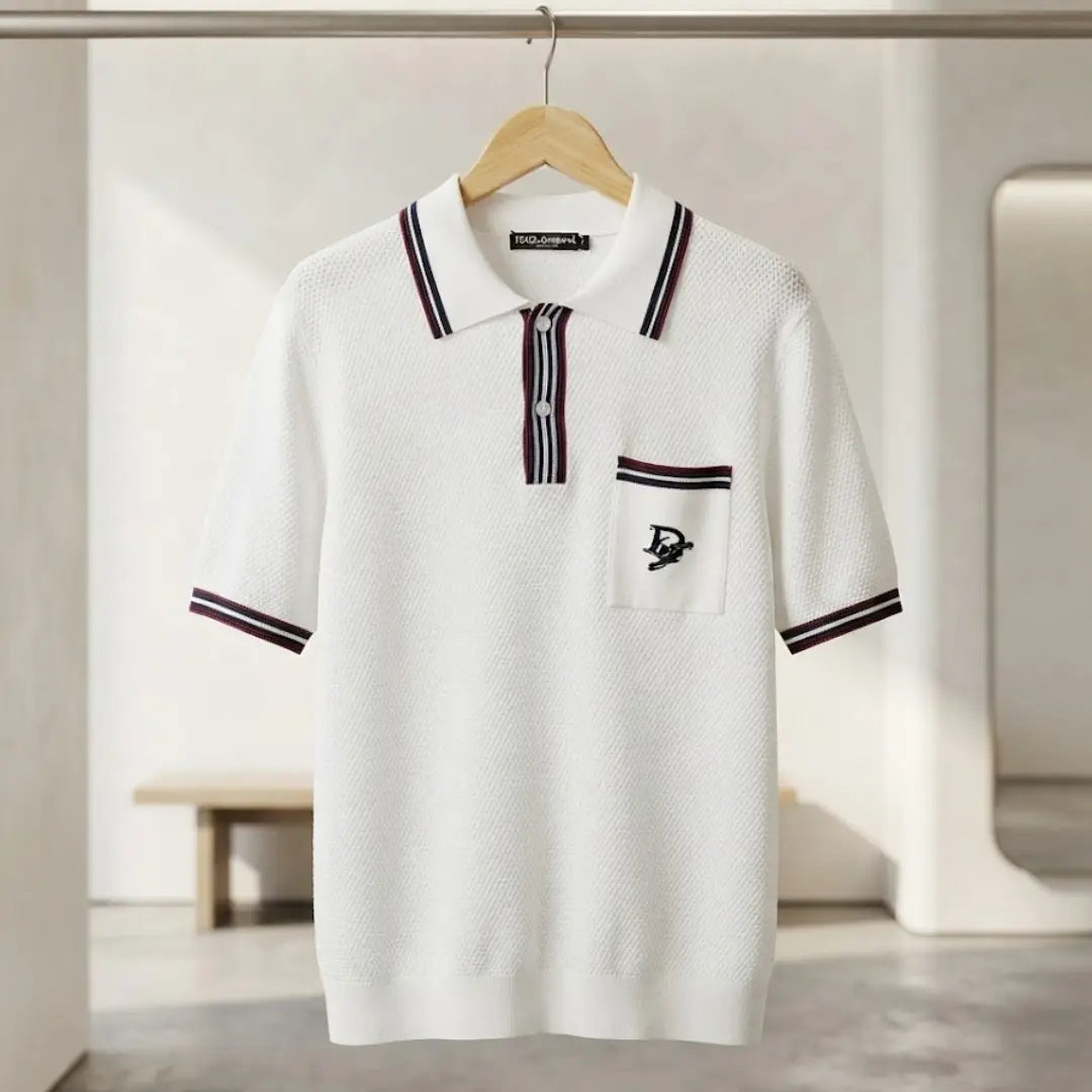 Men's White Contrast Tipped Knit Polo Shirt with Chest Pocket