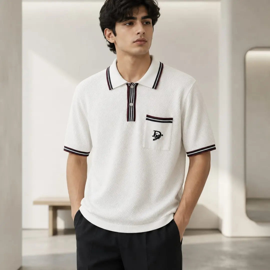 Men's White Contrast Tipped Knit Polo Shirt with Chest Pocket