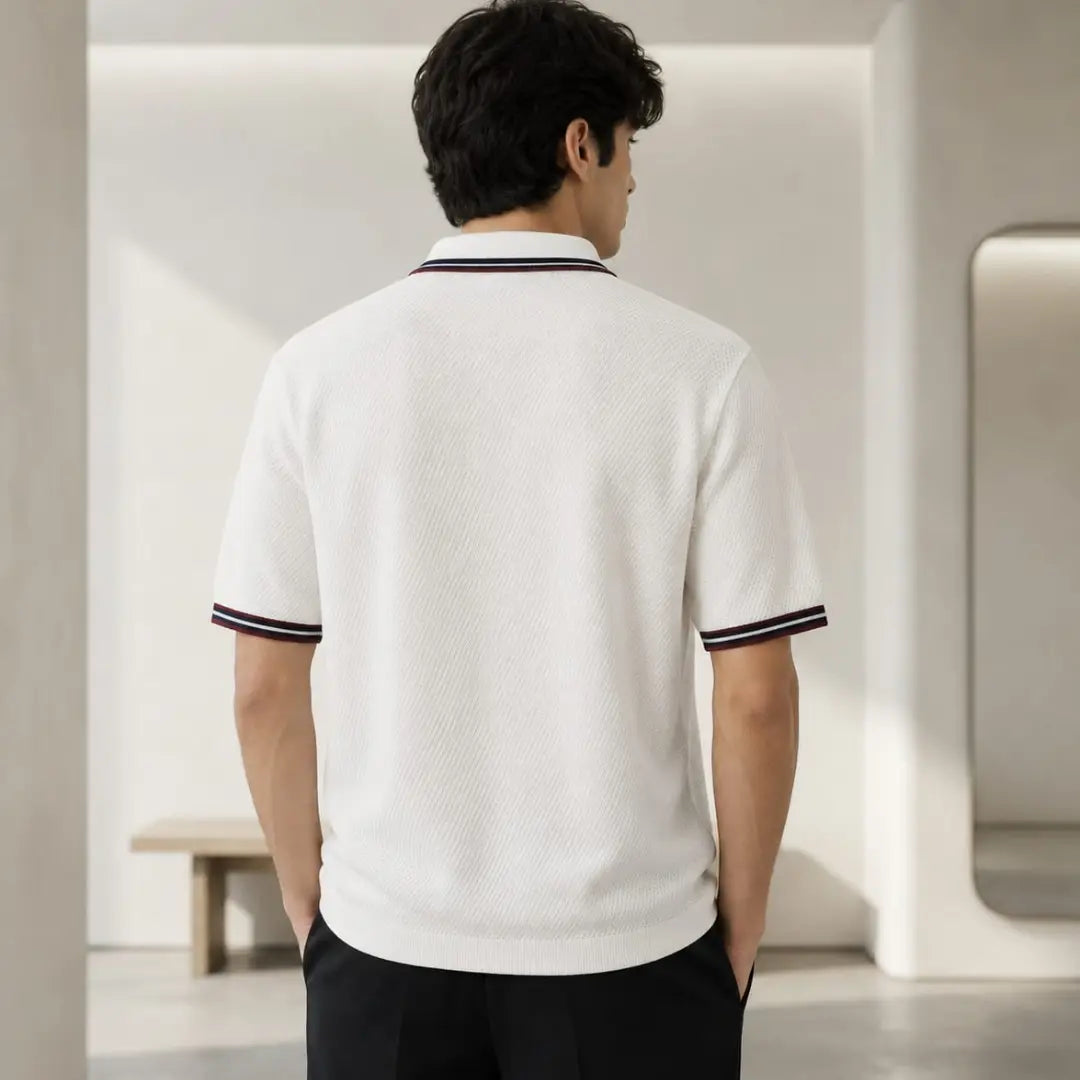 Men's White Contrast Tipped Knit Polo Shirt with Chest Pocket