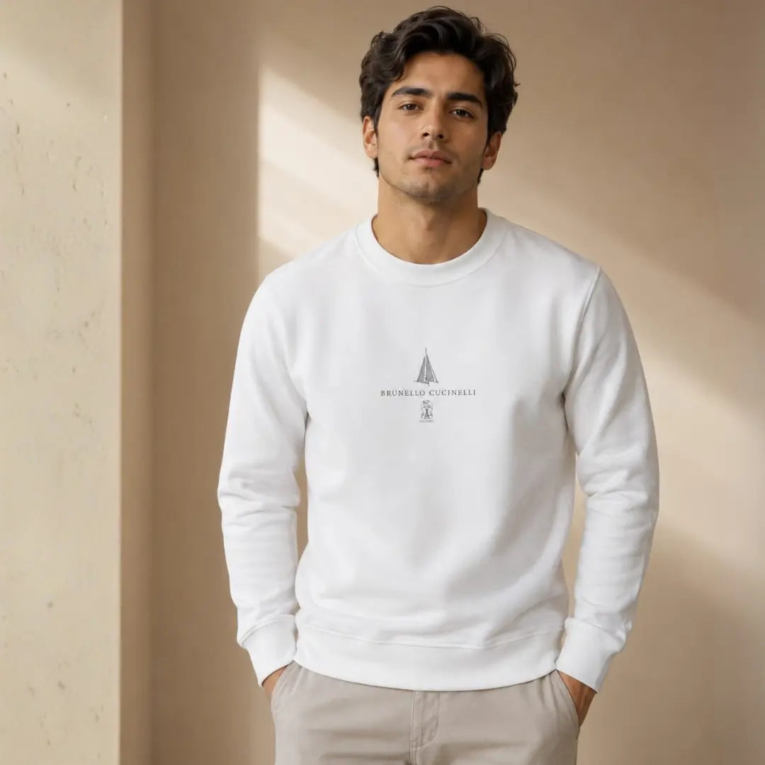 Men's White Logo Embroidered Crew Neck Cotton Sweatshirt