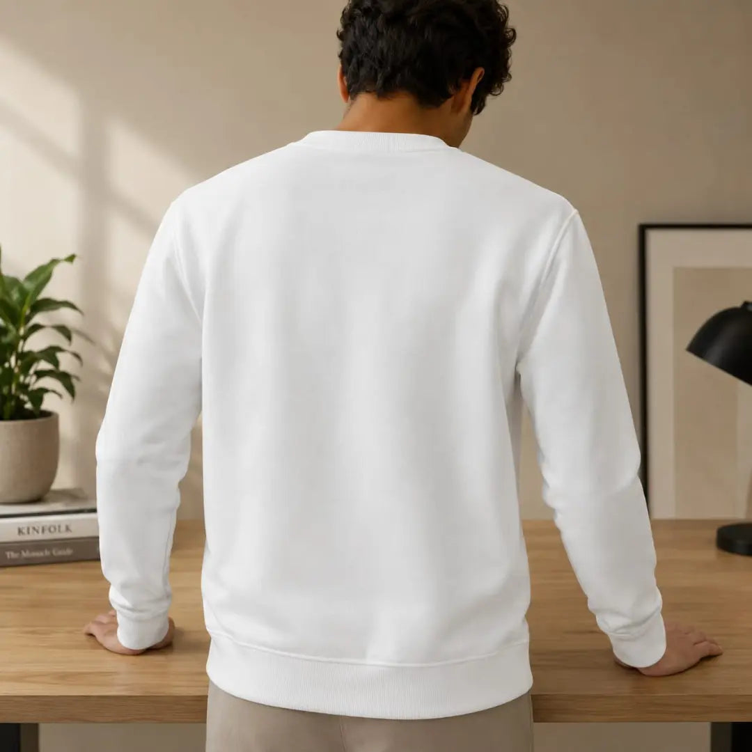 Men's White Logo Embroidered Crew Neck Cotton Sweatshirt