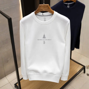 Men's White Logo Embroidered Crew Neck Cotton Sweatshirt