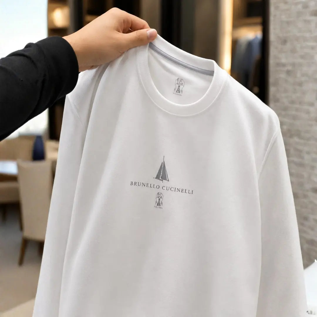 Men's White Logo Embroidered Crew Neck Cotton Sweatshirt