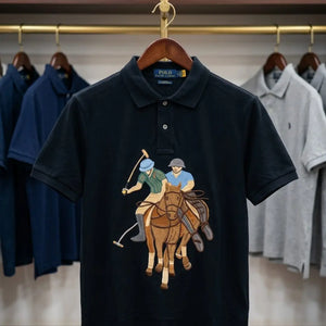 Men's Black Embroidered Horse & Rider Graphic Polo Shirt