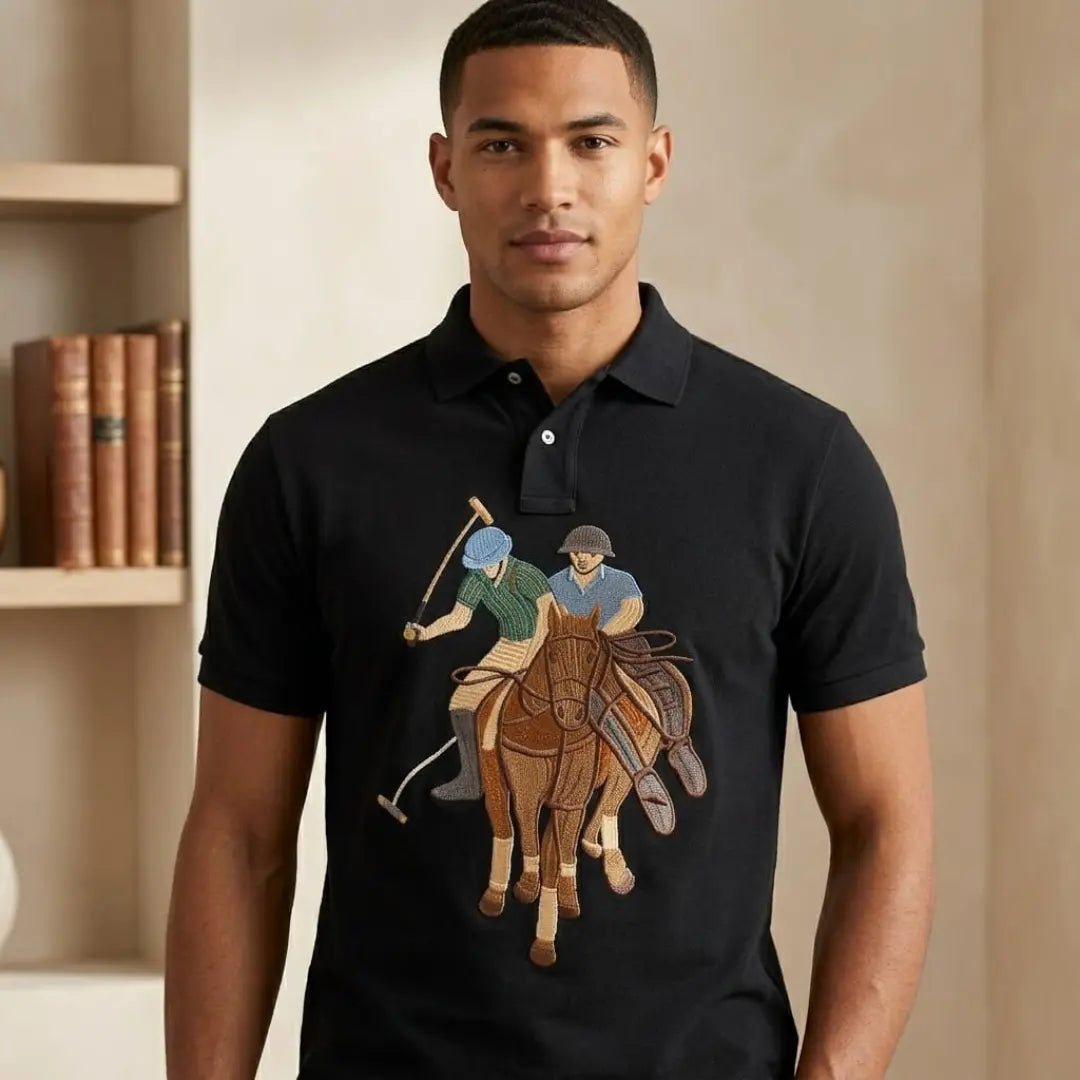 Men's Black Embroidered Horse & Rider Graphic Polo Shirt