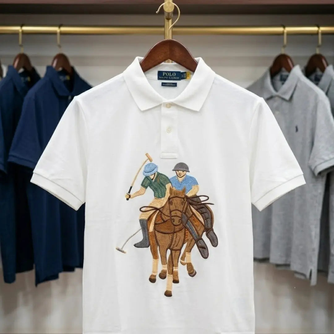 Men's Black Embroidered Horse & Rider Graphic Polo Shirt