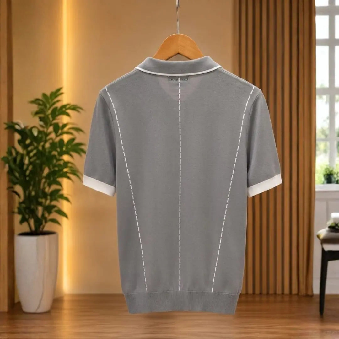Men's Grey Contrast Tipped Fine Knit Polo Shirt