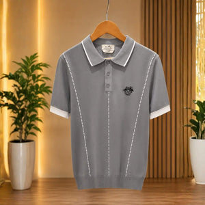 Men's Grey Contrast Tipped Fine Knit Polo Shirt