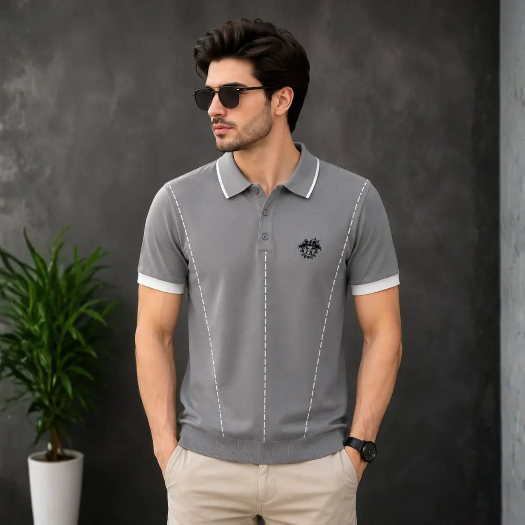 Men's Grey Contrast Tipped Fine Knit Polo Shirt