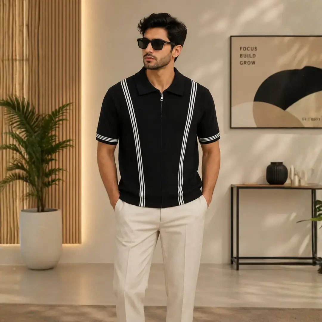 GENESIS Black Zip-Up Striped Polo Shirt