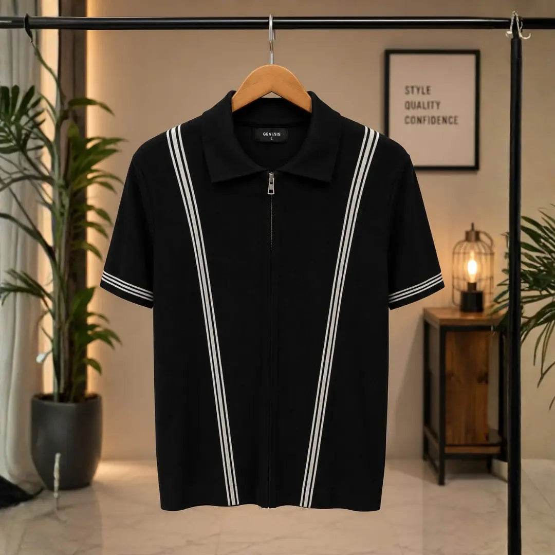 GENESIS Black Zip-Up Striped Polo Shirt