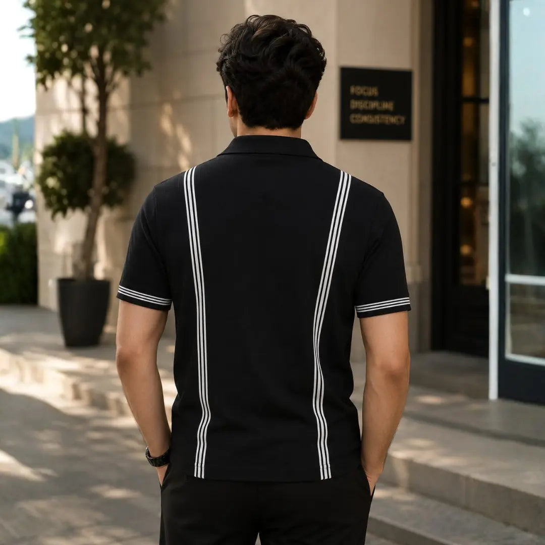 GENESIS Black Zip-Up Striped Polo Shirt