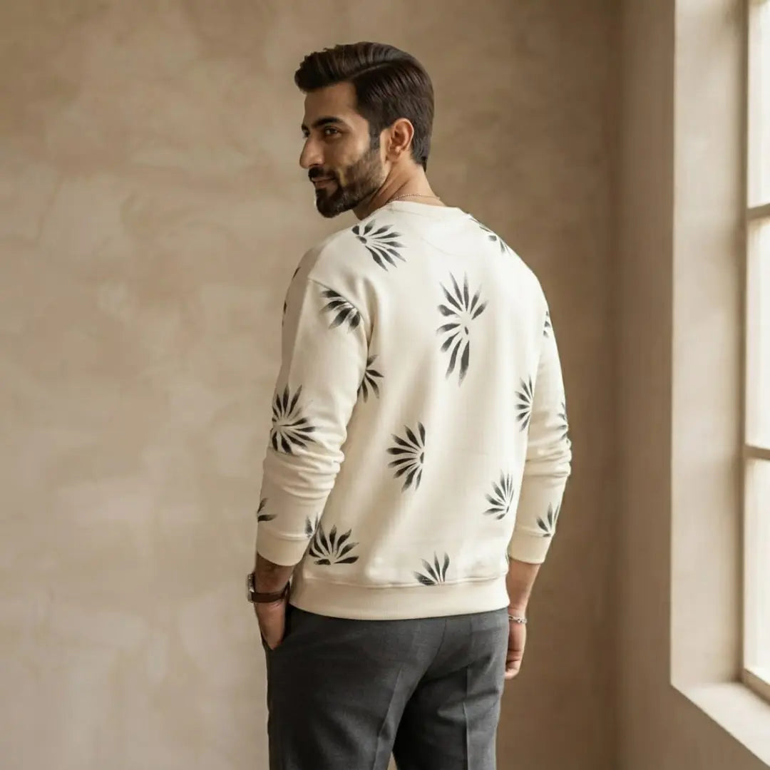 White Sunburst Pattern Long-Sleeve Sweatshirt