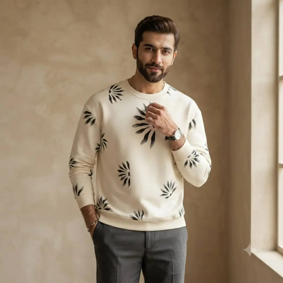 White Sunburst Pattern Long-Sleeve Sweatshirt