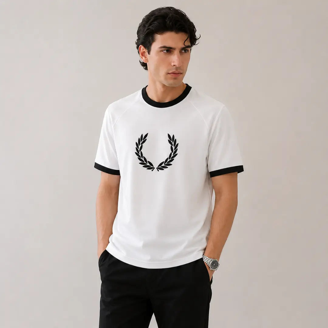 Men's White Laurel Wreath Ringer T-Shirt