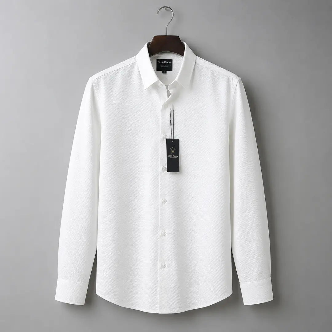 Men's White Textured Button-Up Dress Shirt