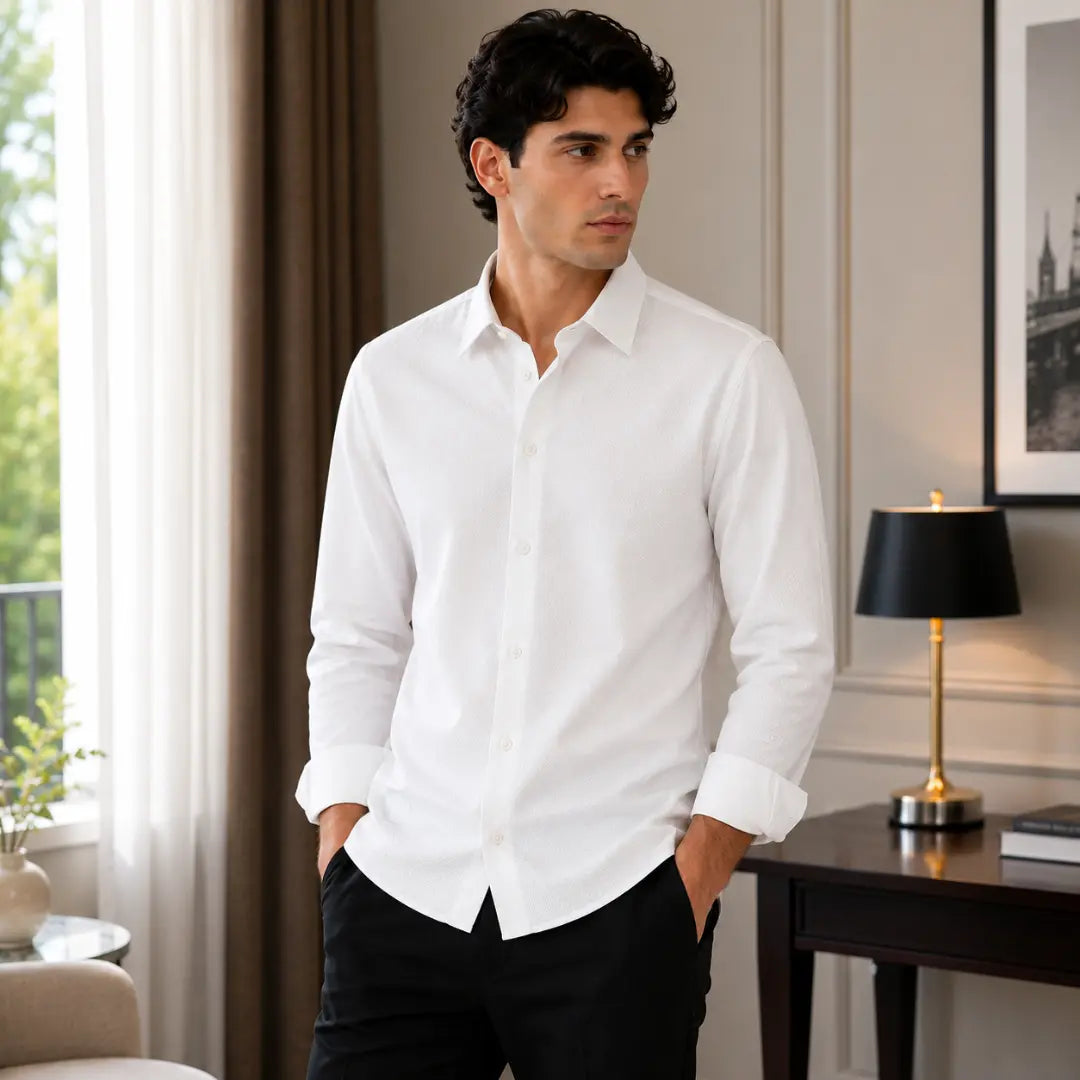 Men's White Textured Button-Up Dress Shirt