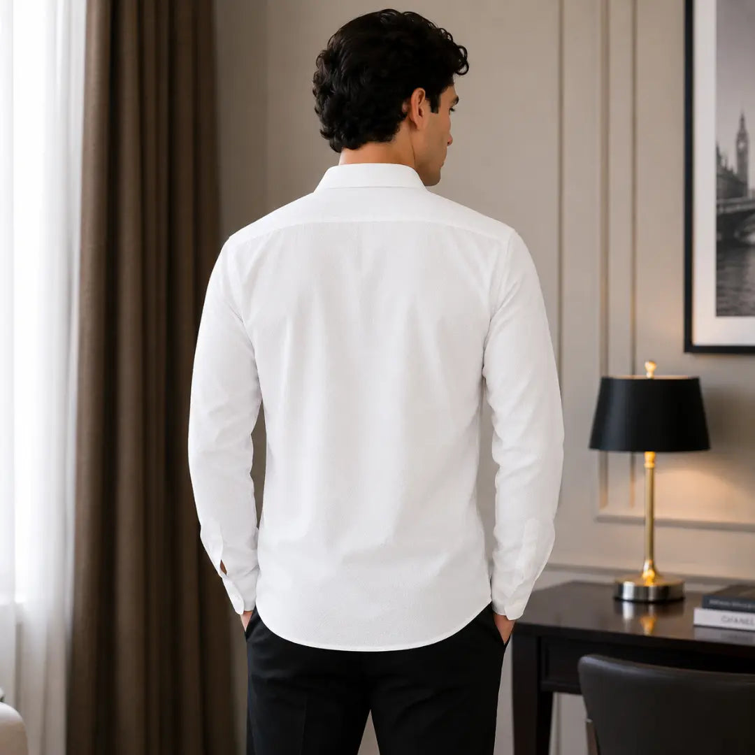 Men's White Textured Button-Up Dress Shirt