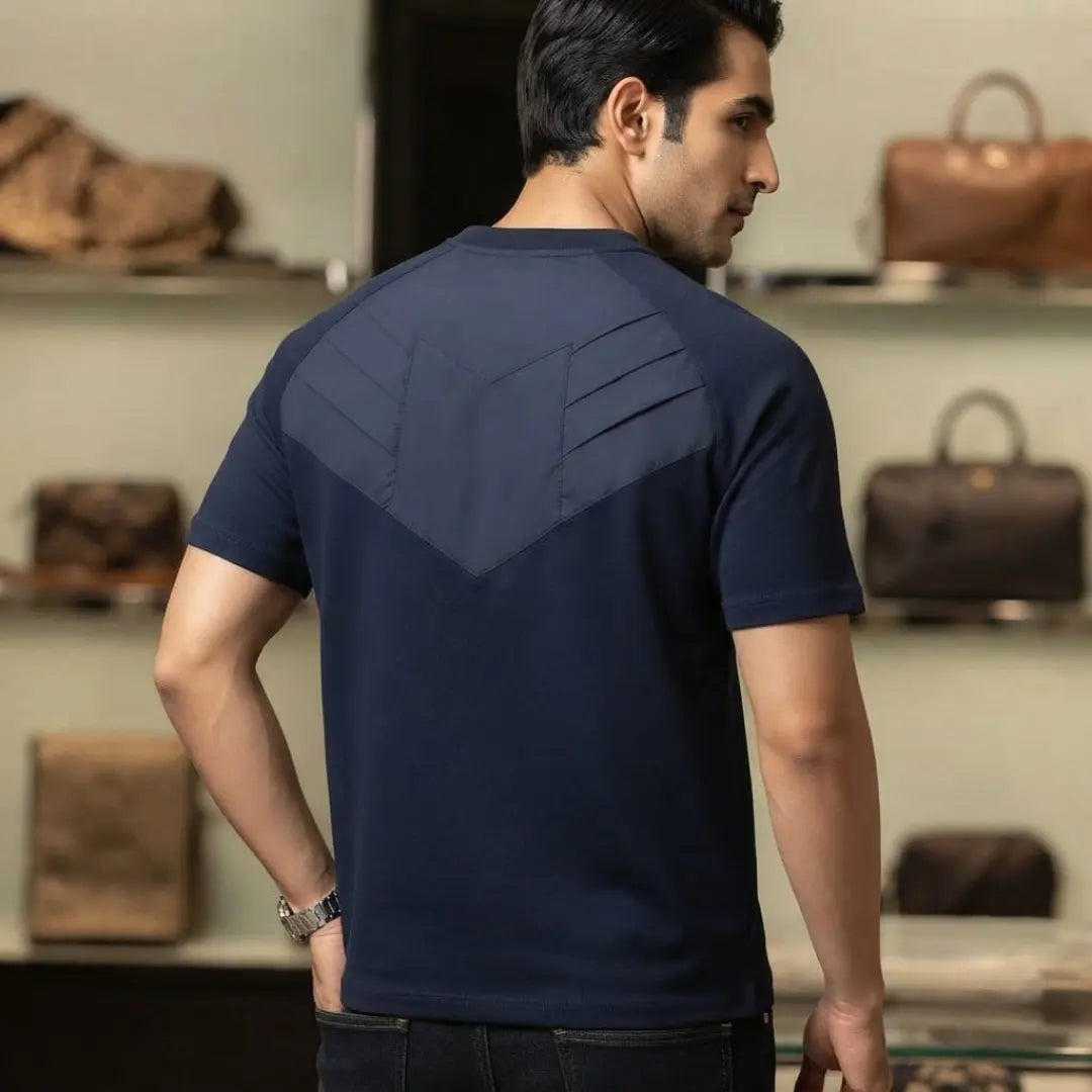 Men's Navy Chevron Panel Crew Neck T-Shirt