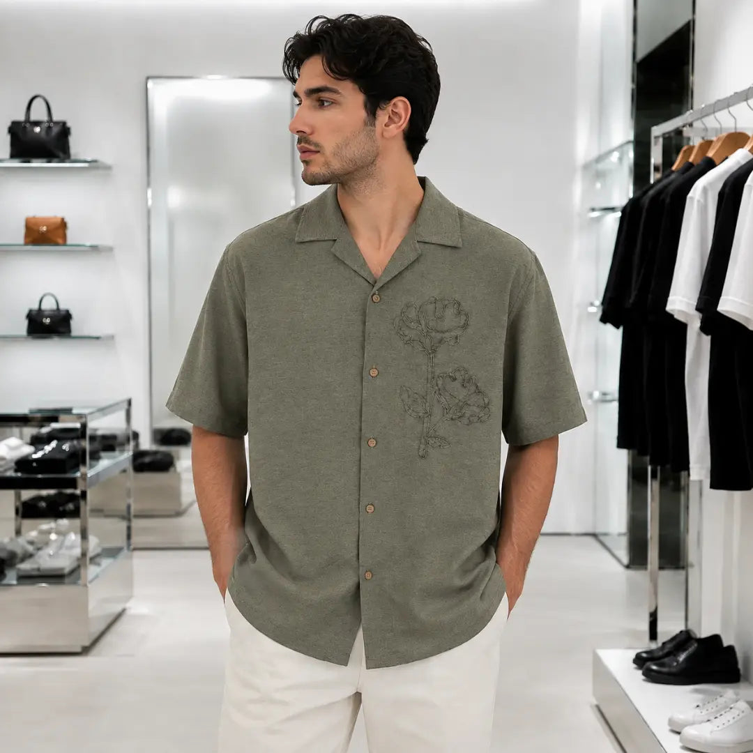Olive Garden Embroidered Cuban Collar Shirt