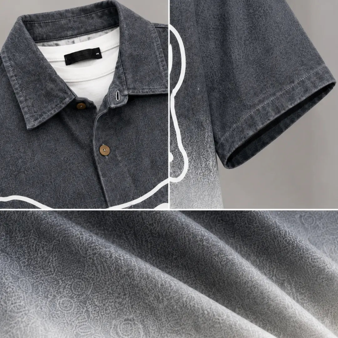 Charcoal Grey Ombré Graphic Print Short-Sleeve Button-Up Shirt