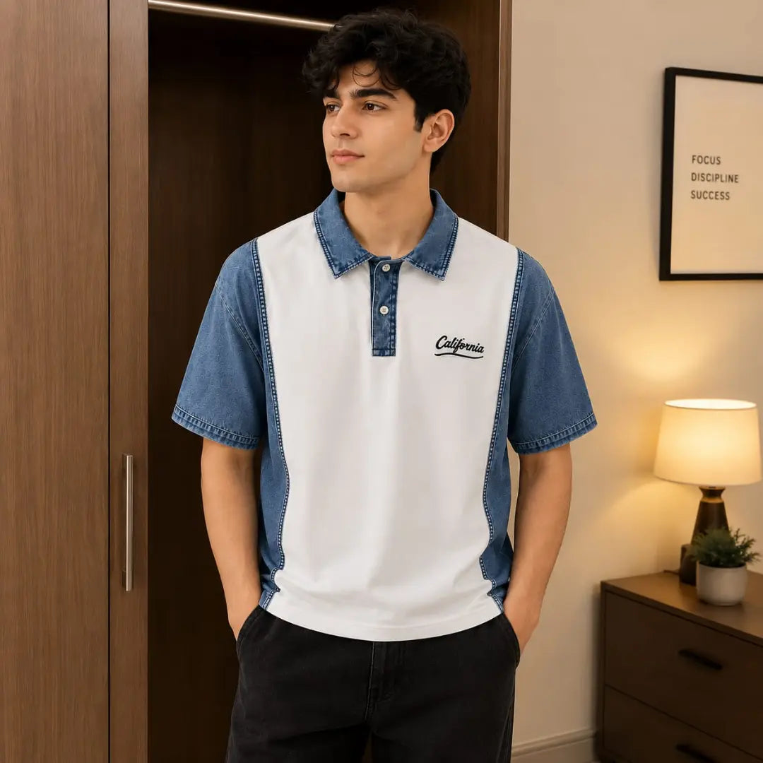 Men's White & Blue Denim Panel Polo Shirt