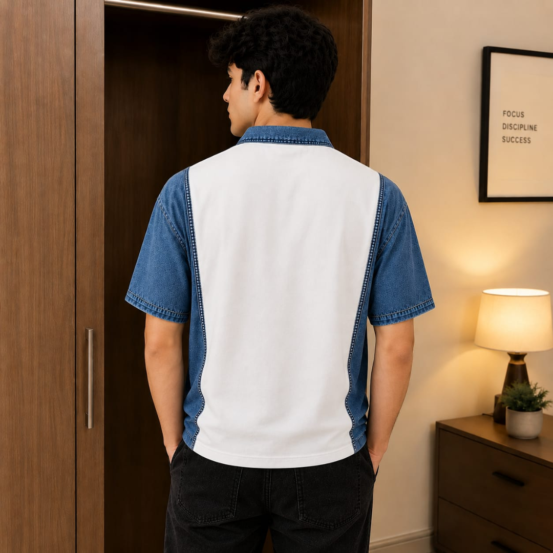 Men's White & Blue Denim Panel Polo Shirt