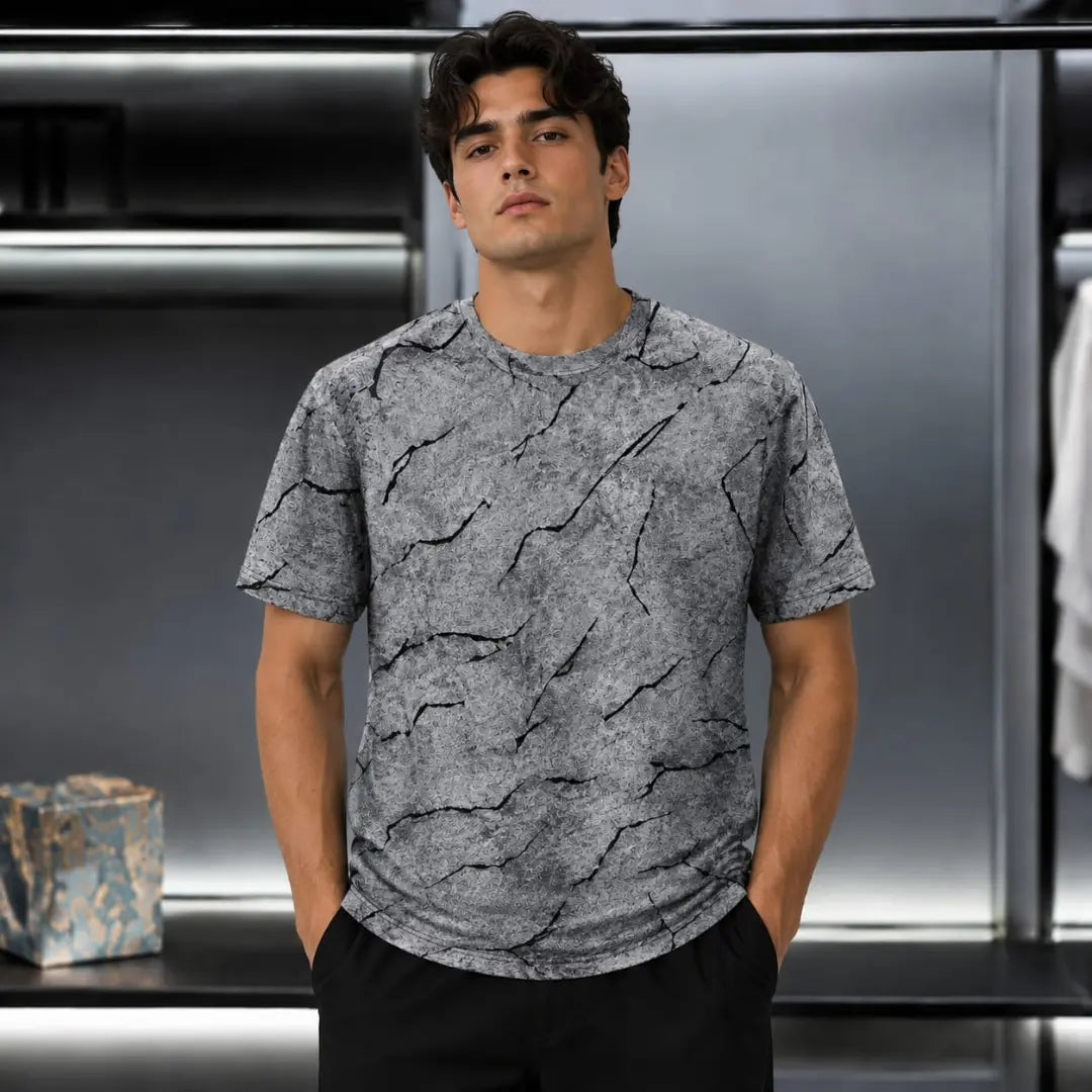 Men's Grey Marble Print Crew Neck T-Shirt
