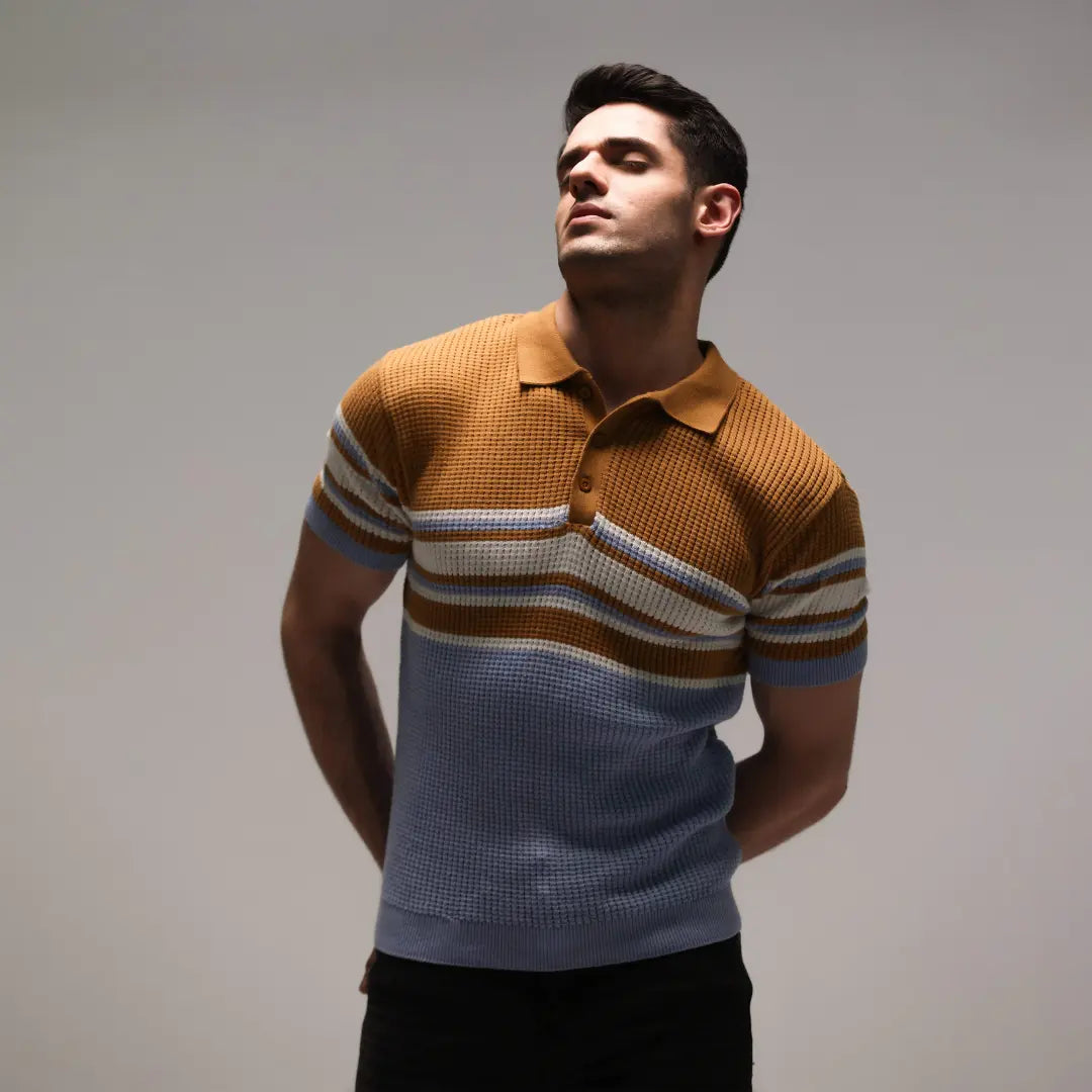 Jacquard Stripe Knit Polo – Tan Brown