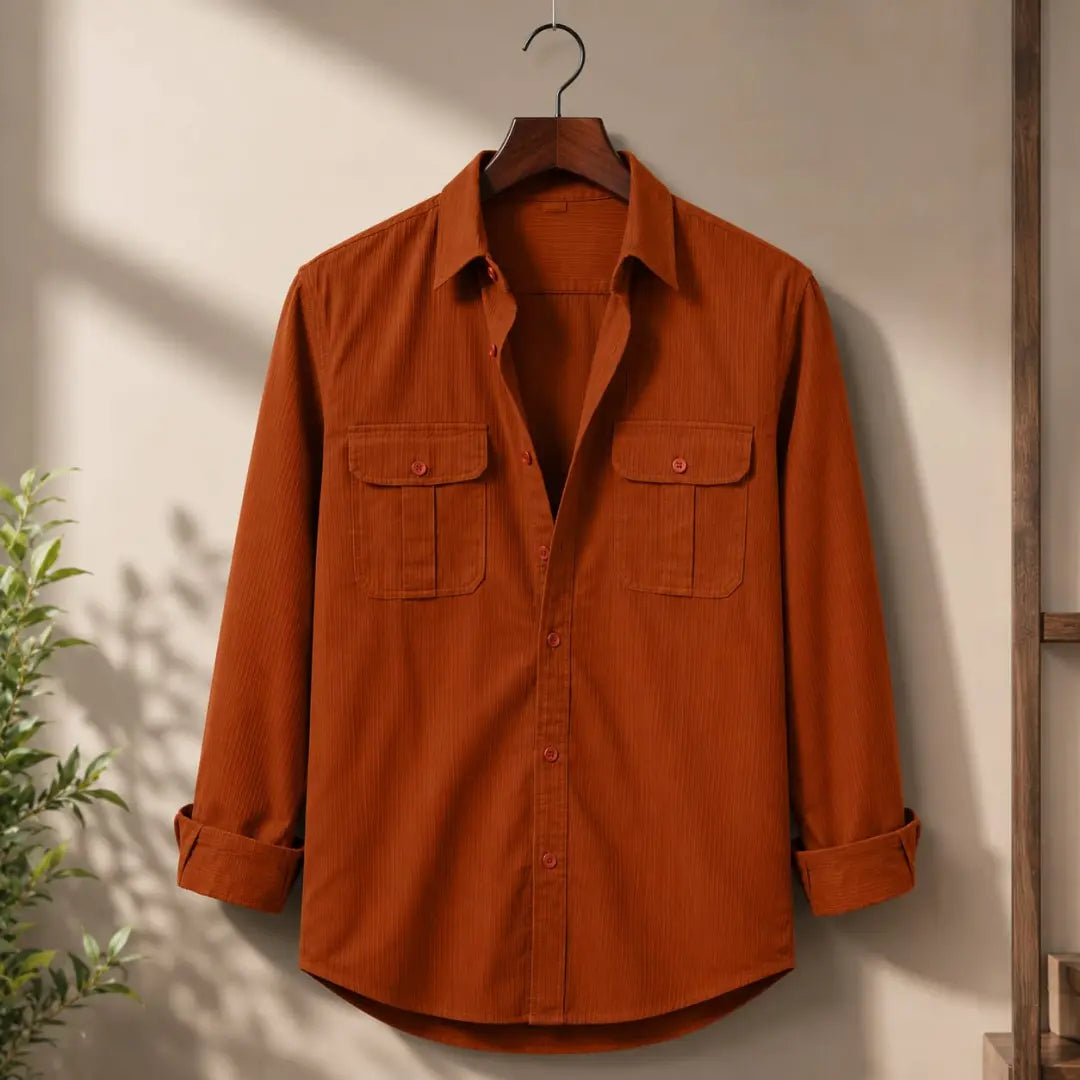 Men's Rust Textured Utility Casual Shirt