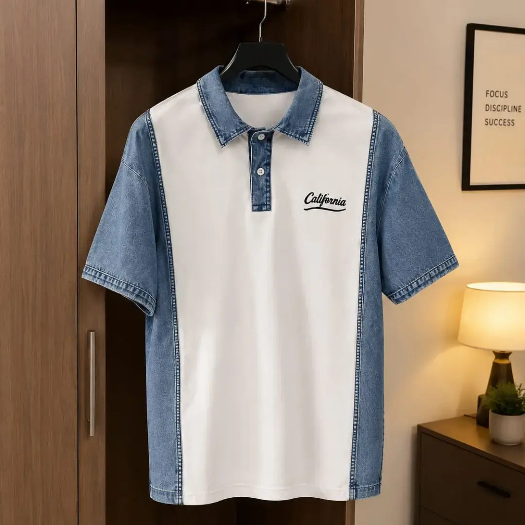 Men's White & Blue Denim Panel Polo Shirt