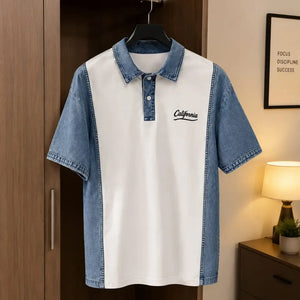 Men's White & Blue Denim Panel Polo Shirt