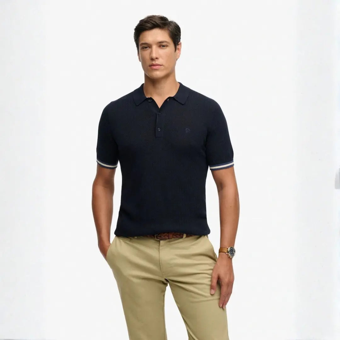 Superdry Blue Knitted Texture Short Sleeve Polo Shirt