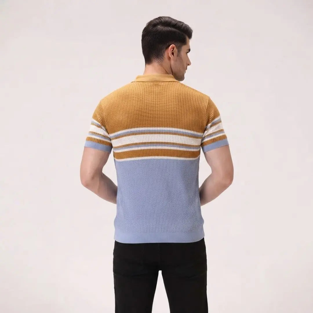 Jacquard Stripe Knit Polo – Tan Brown