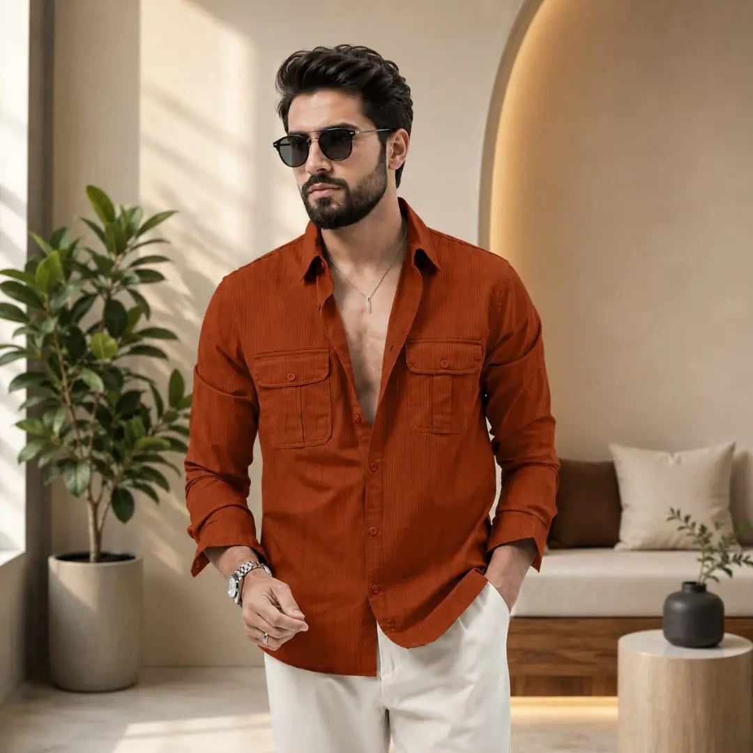 Men's Rust Textured Utility Casual Shirt