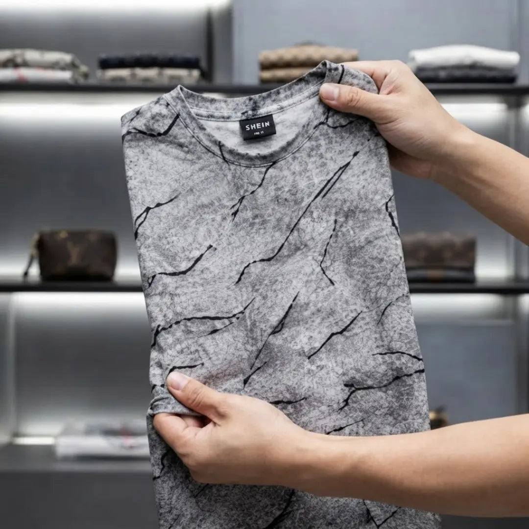 Men's Grey Marble Print Crew Neck T-Shirt