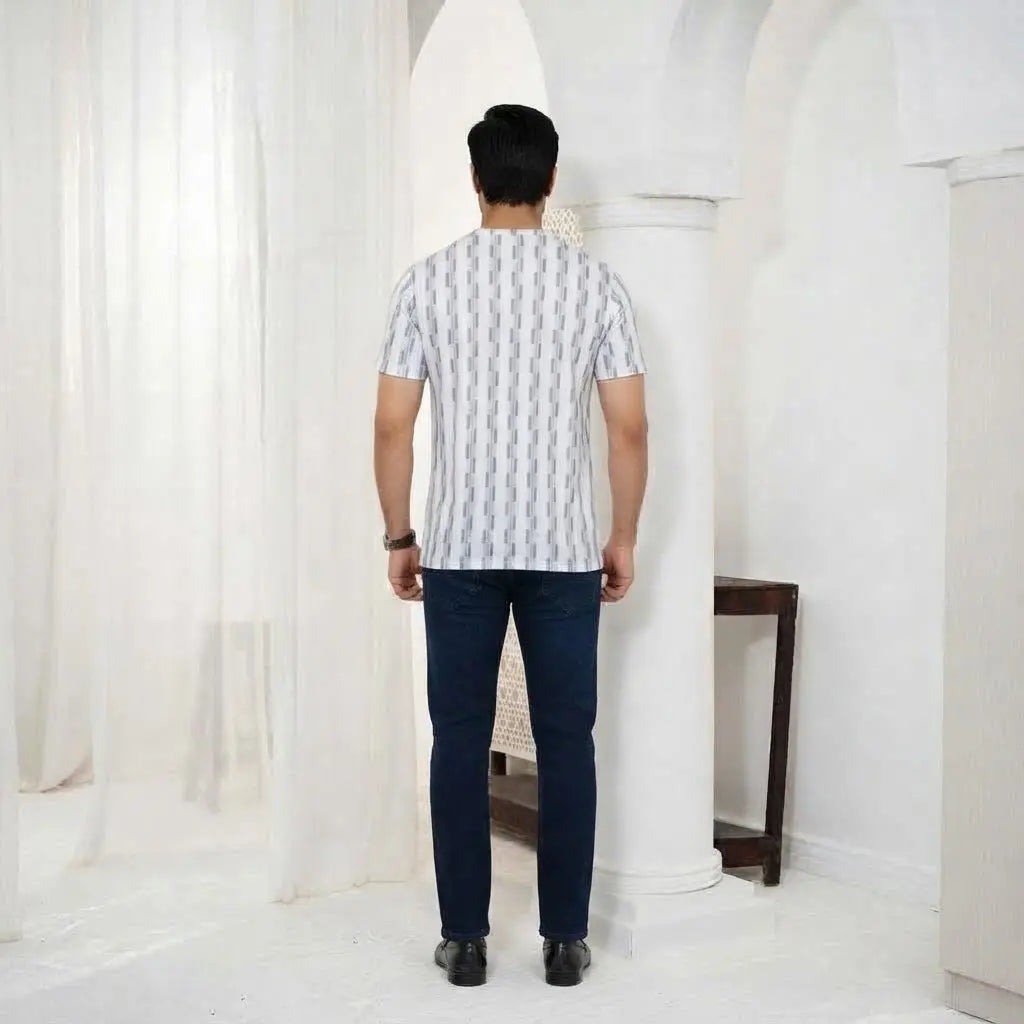 White and Grey Abstract Stripe Print Crewneck T-Shirt