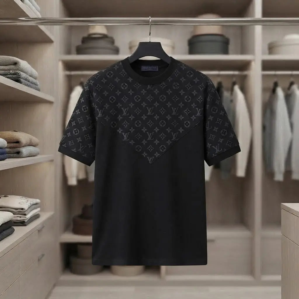Louis Vuitton Men's Casual Short-Sleeve Monogram Yoke Crewneck T-Shirt with Contrast Black Ribbed Trim